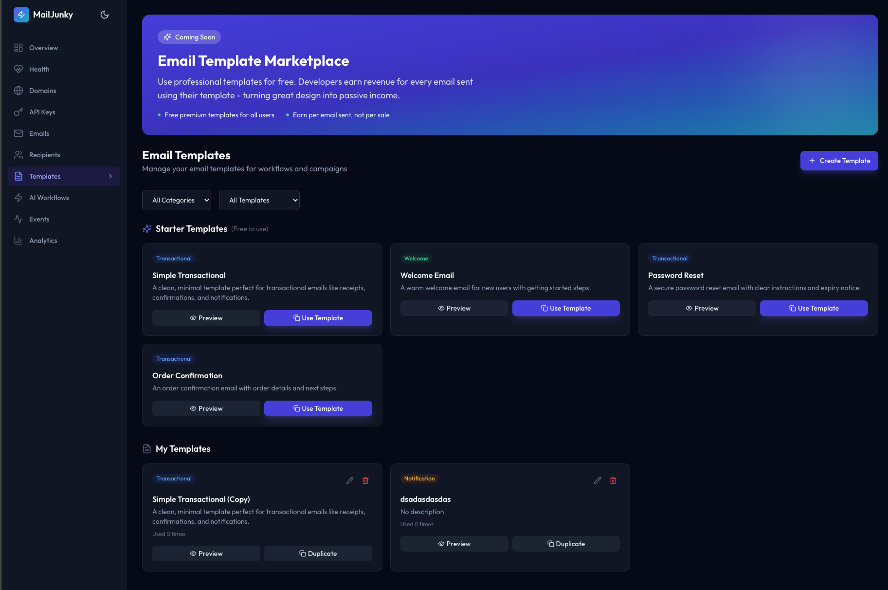 Email templates dashboard